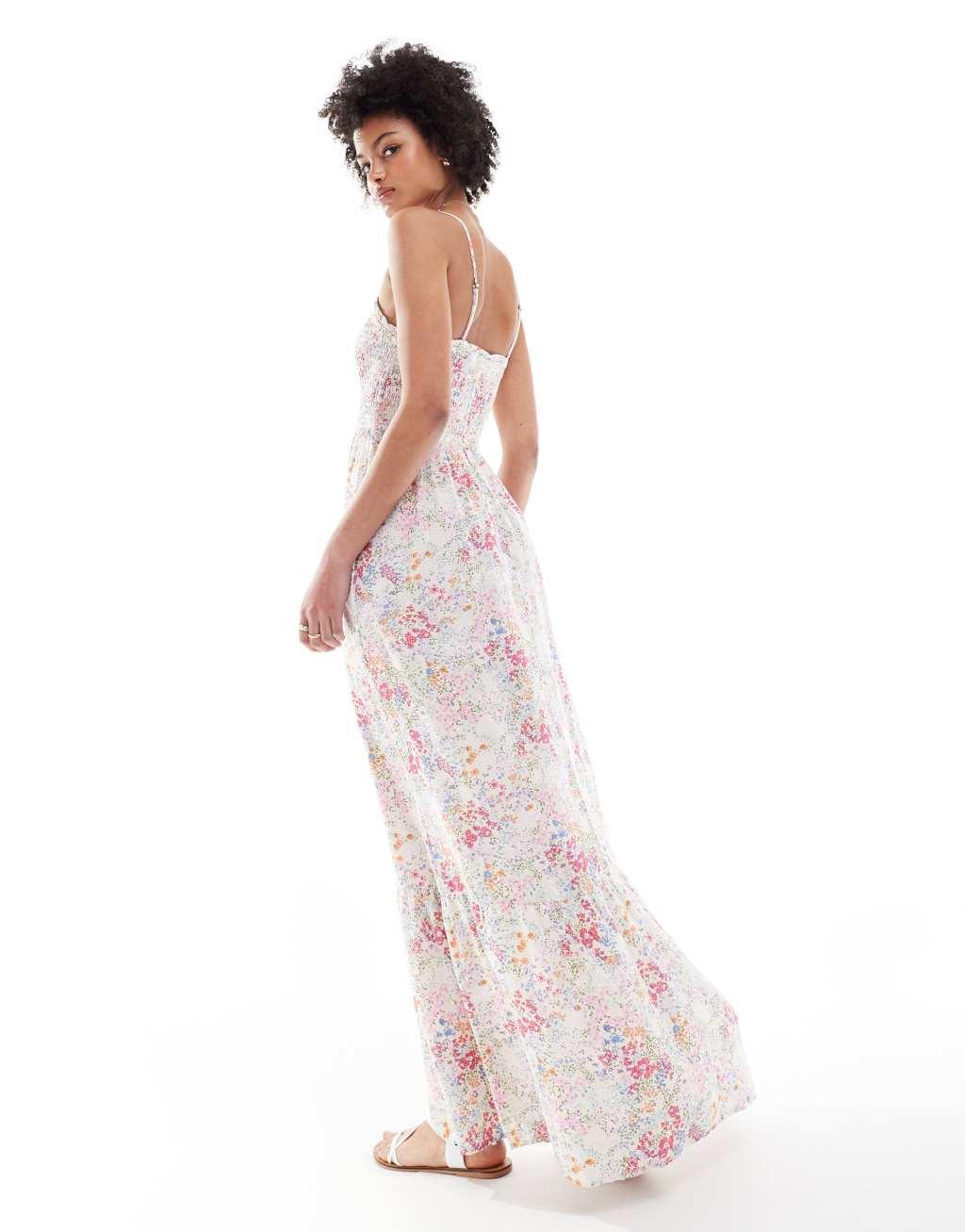 JDY Tall shirred top maxi dress in ditsy pink floral Product Image