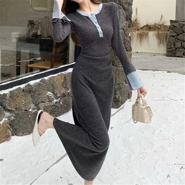 Mock Two-Piece Long-Sleeve Two-Tone Ribbed Midi Knit Dress Product Image