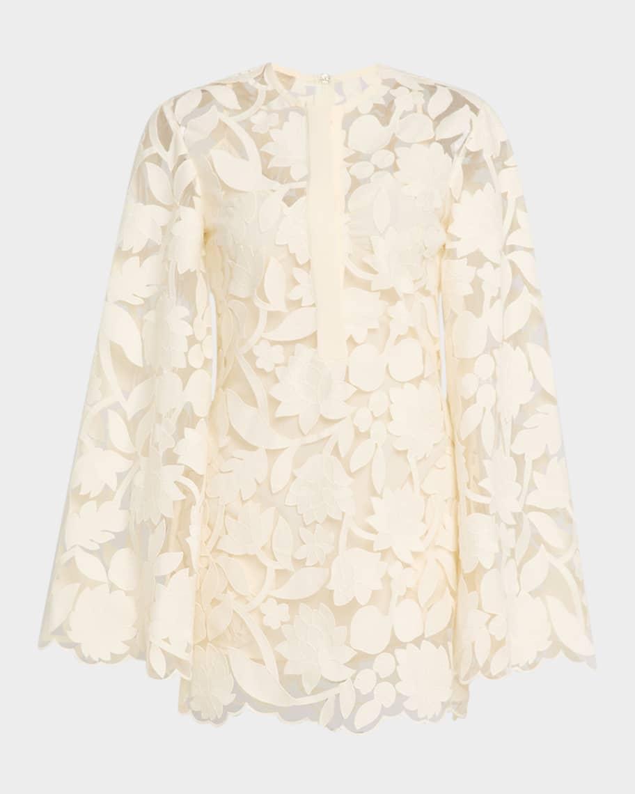 Floral Embroidered Tulle Flare-Sleeve Mini Dress Product Image