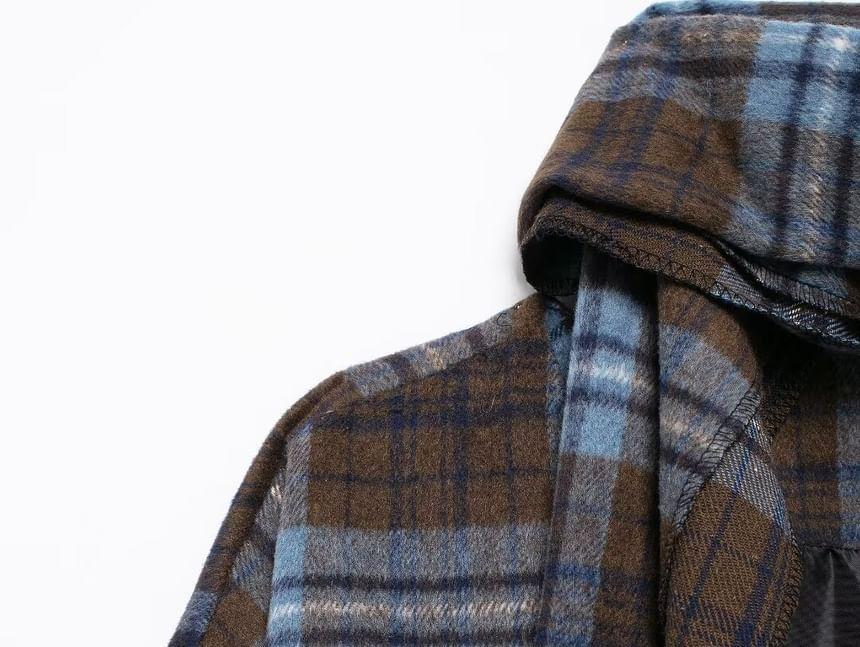 Set: Plaid Button-Up Long Coat + Scarf Product Image