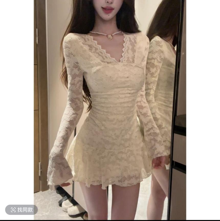 Long-Sleeve V-Neck Rhinestone Lace Mini A-Line Dress Product Image