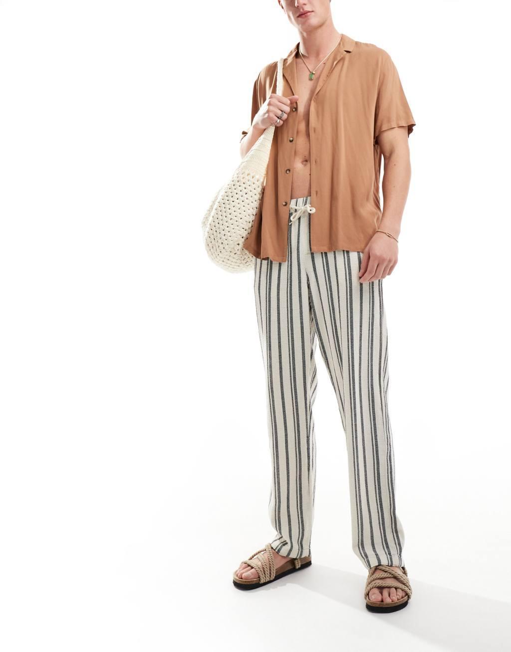 ASOS DESIGN relaxed beach pants in heavy weight textured navy and white stripe Product Image