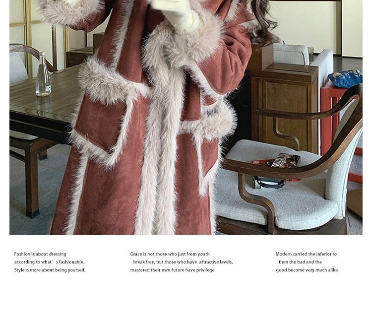 Collared Panel Faux Shearling Midi Button Coat Product Image