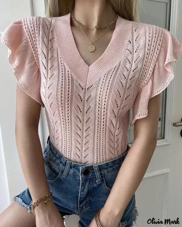 Olivia Mark – V-neck rib knit top with ruffled hem Product Image