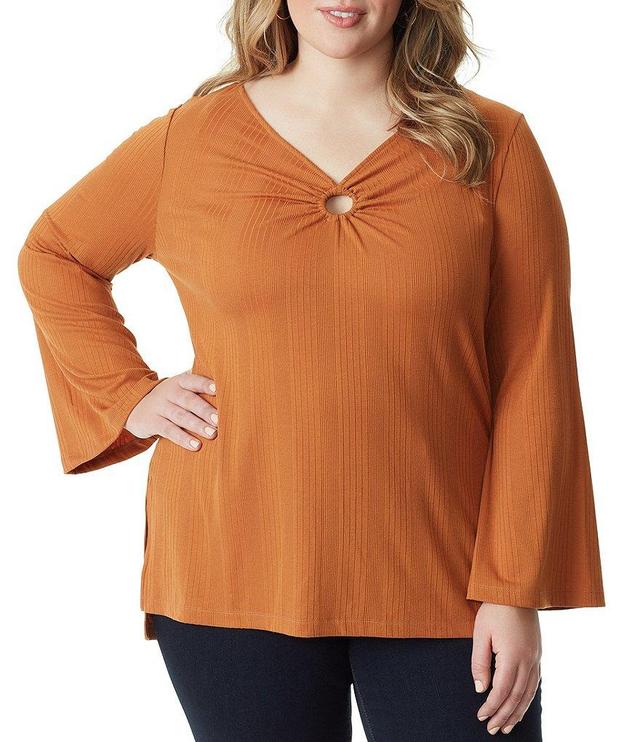 Jessica Simpson Plus Size Jasleen Ring Keyhole V-Neck Long Flared Sleeve High-Low Hem Tunic Product Image