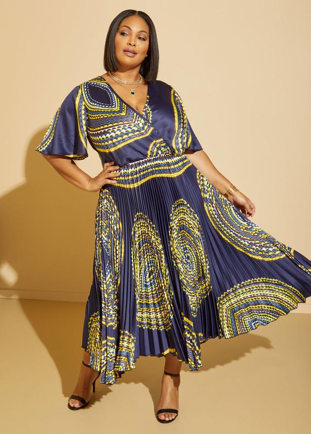 Plus Size Pleated Printed A Line Maxi Dress, - Ashley Stewart Product Image