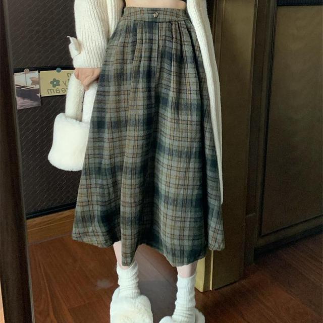 High Waist Plaid Midi A-Line Skirt Product Image