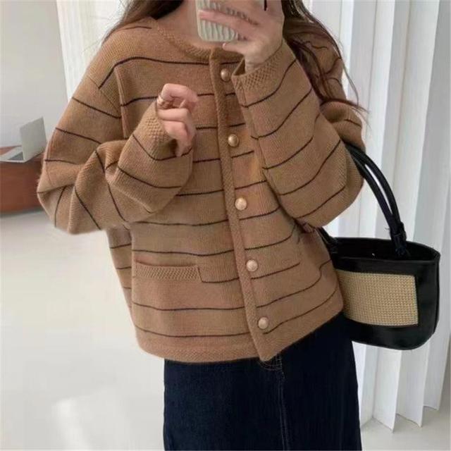 Round Neck Striped Cardigan Product Image