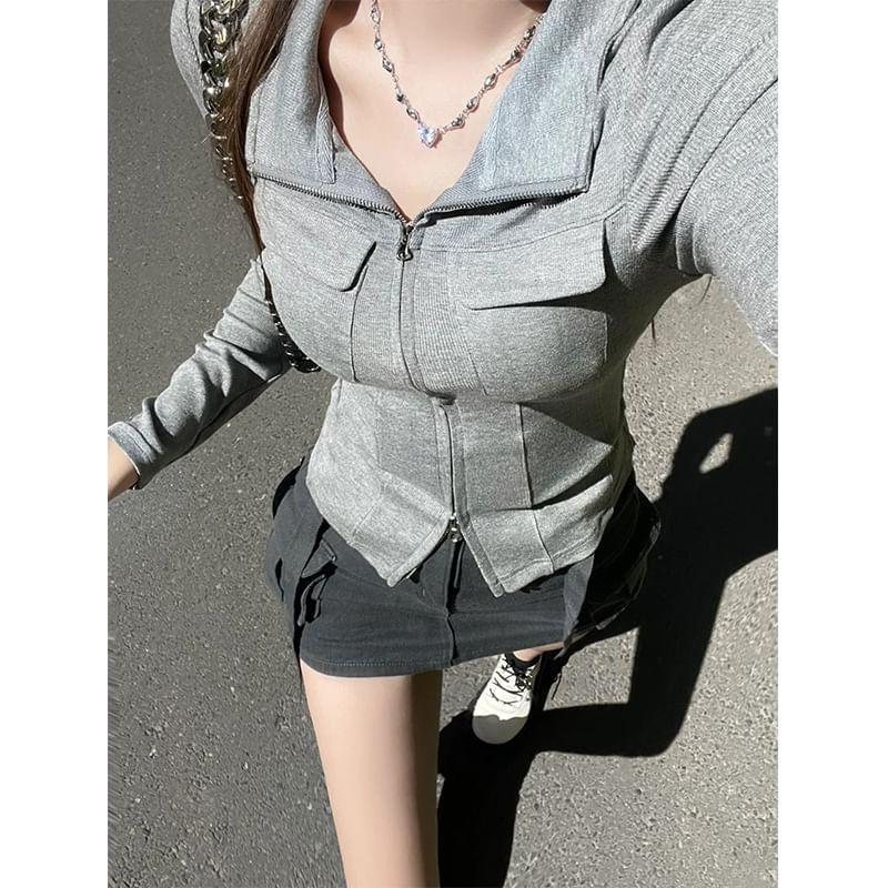 Stand Collar Plain Flap Pocket Zip Jacket Product Image