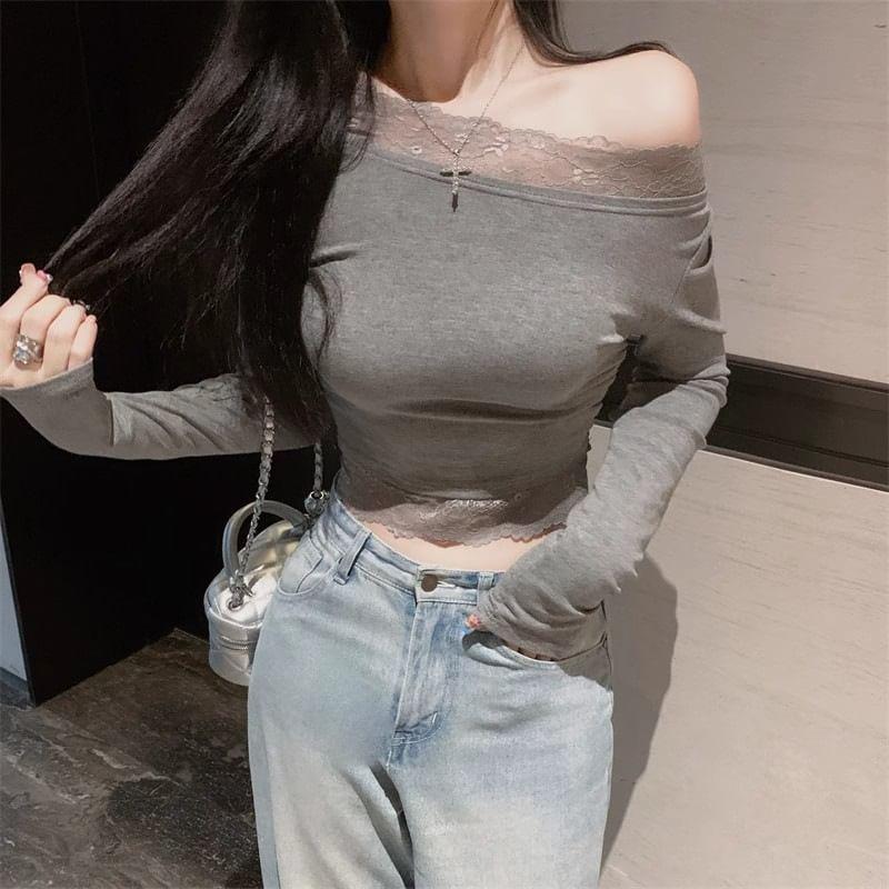 Long Sleeve Off Shoulder Plain Lace Trim Ruched Crop Top Product Image