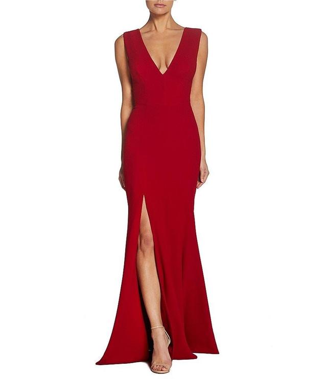 Dress the Population Sandra Crepe Plunge V-Neck Sleeveless Side Slit Gown Product Image