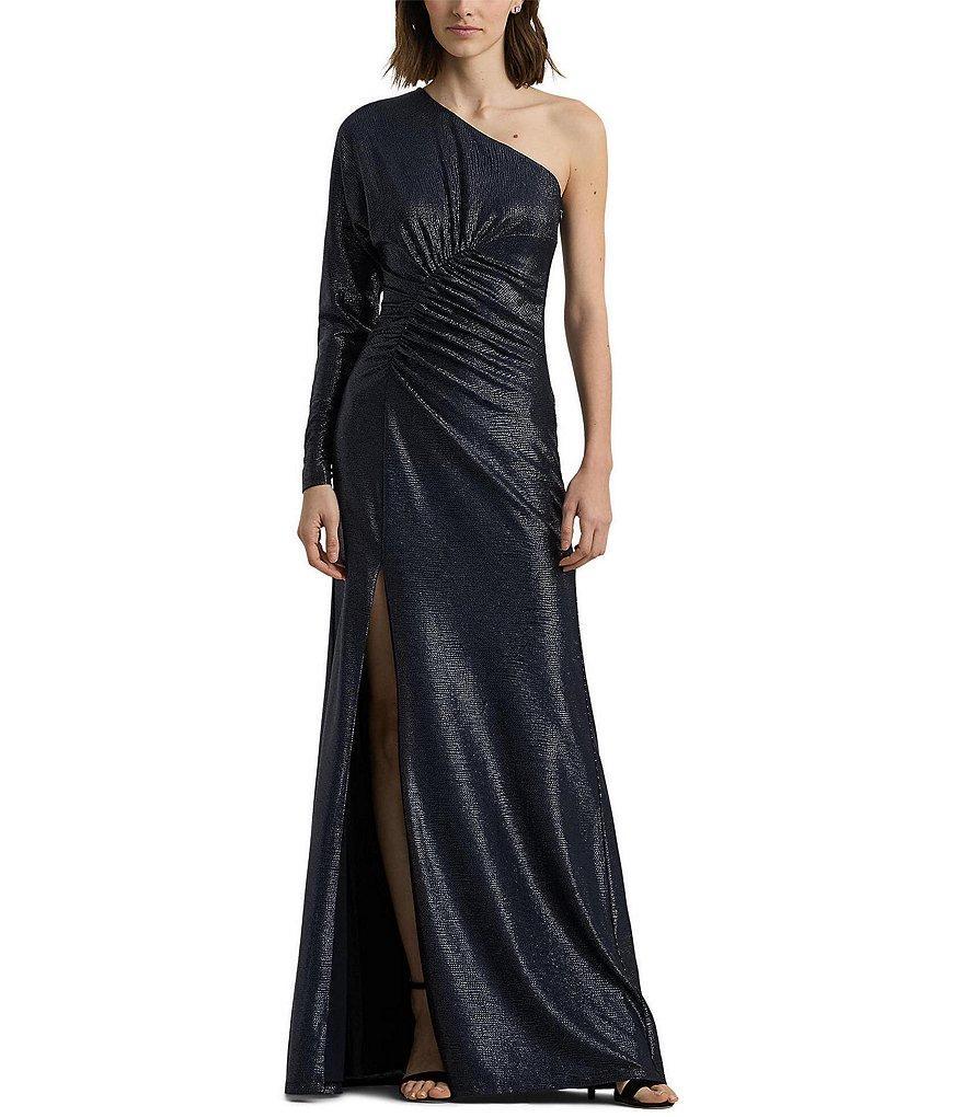 Lauren Ralph Lauren Metallic Knit One Shoulder Long Sleeve Shirred Gown Product Image