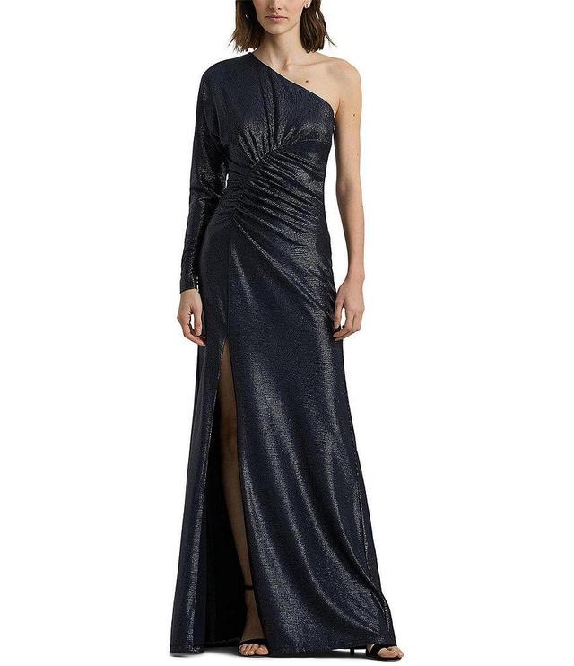 Lauren Ralph Lauren Metallic Knit One Shoulder Long Sleeve Shirred Gown Product Image