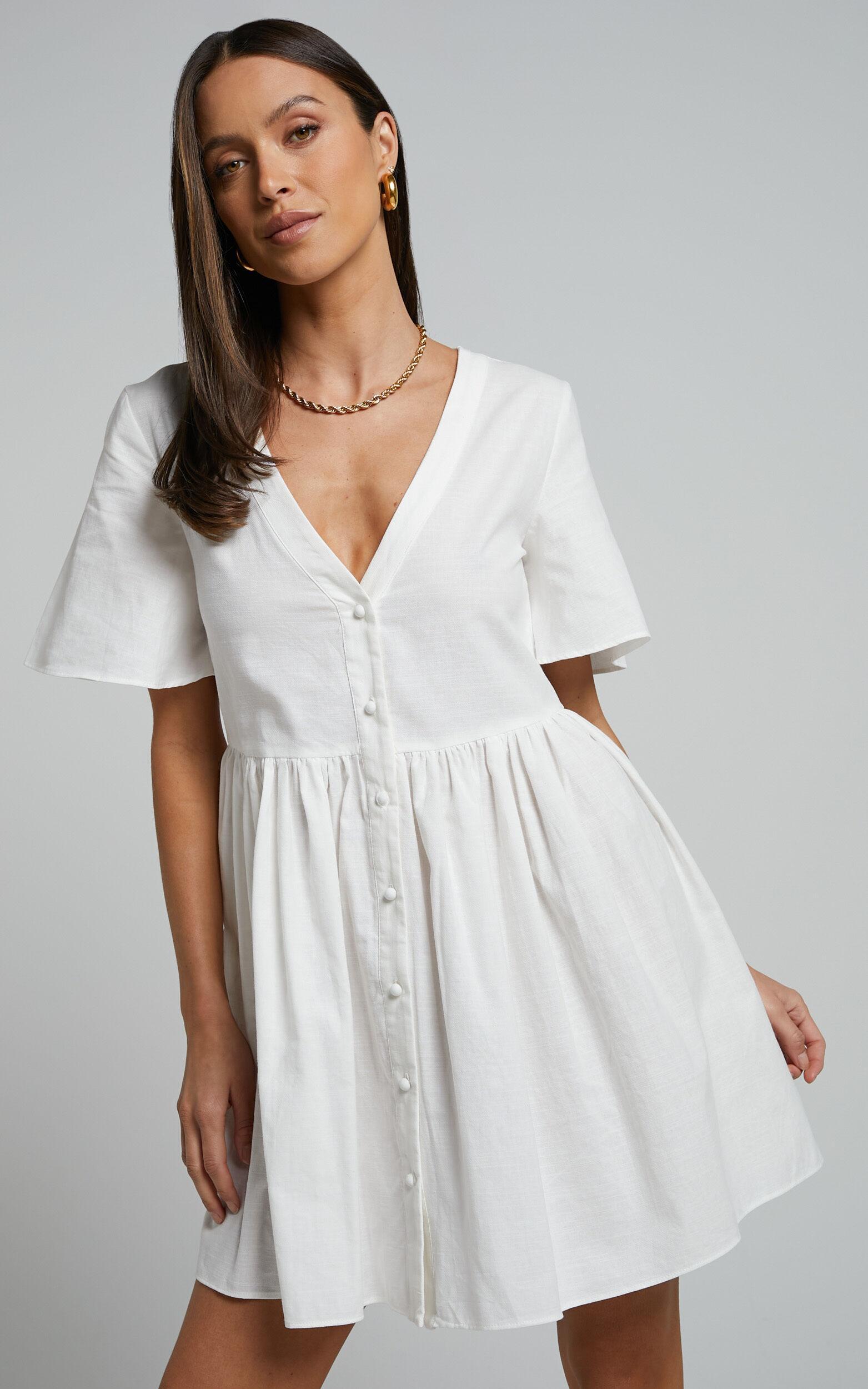 Staycation Mini Dress - Smock Button Up Dress in White Product Image