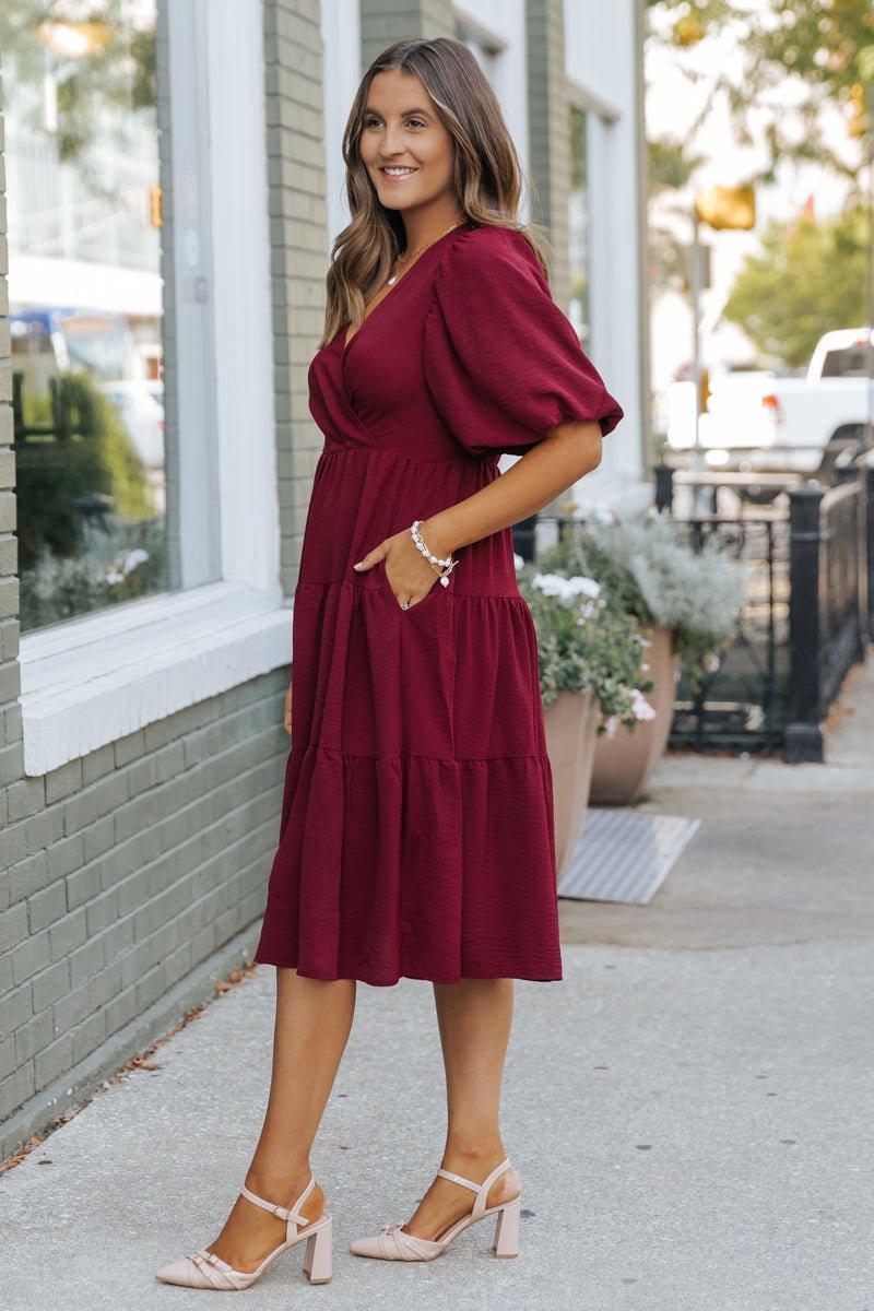 Wine Tiered Midi Wrap Dress Female Product Image