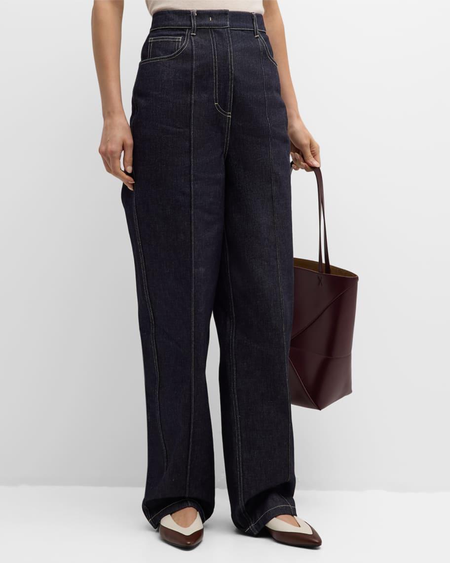 High-Rise Pintuck Straight-Leg Denim Trousers Product Image