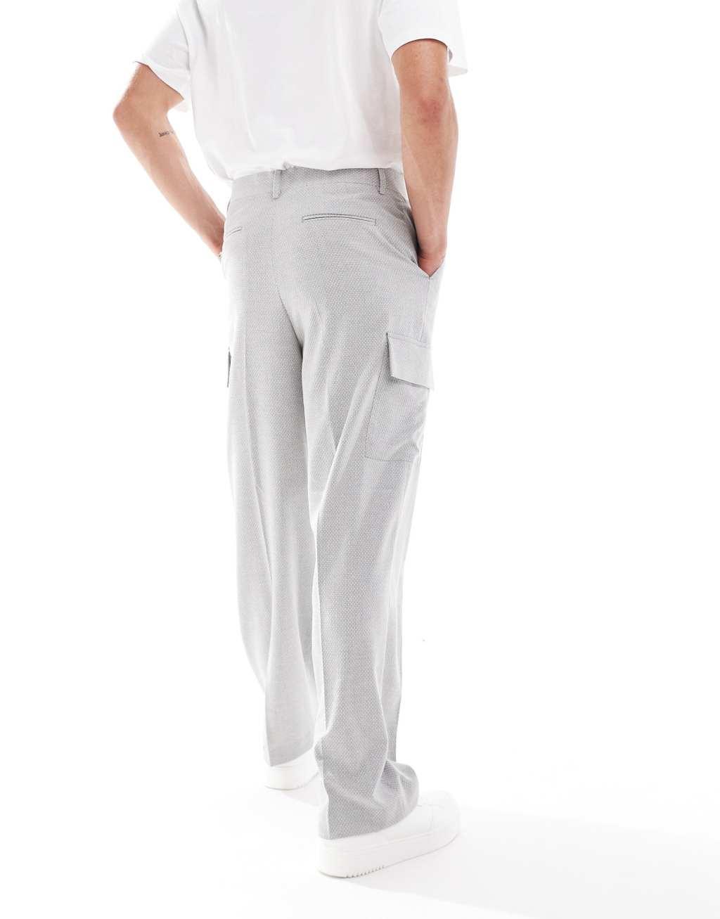 ASOS DESIGN wide cargo microtexture suit pants in gray Product Image