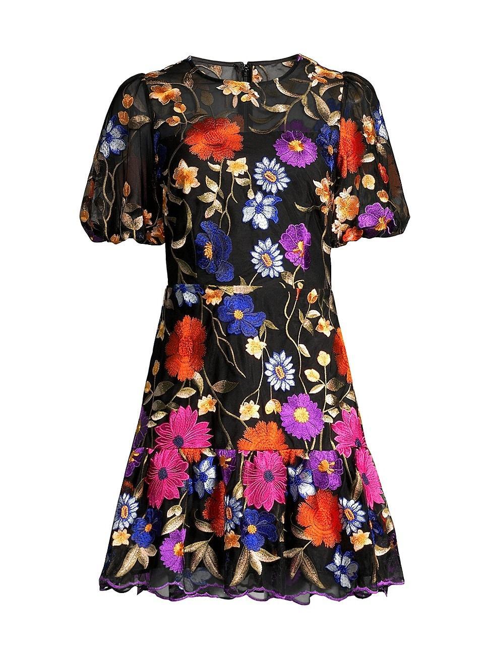 Milly Yasmin Floral Embroidered Puff Sleeve Mesh Fit & Flare Dress Product Image