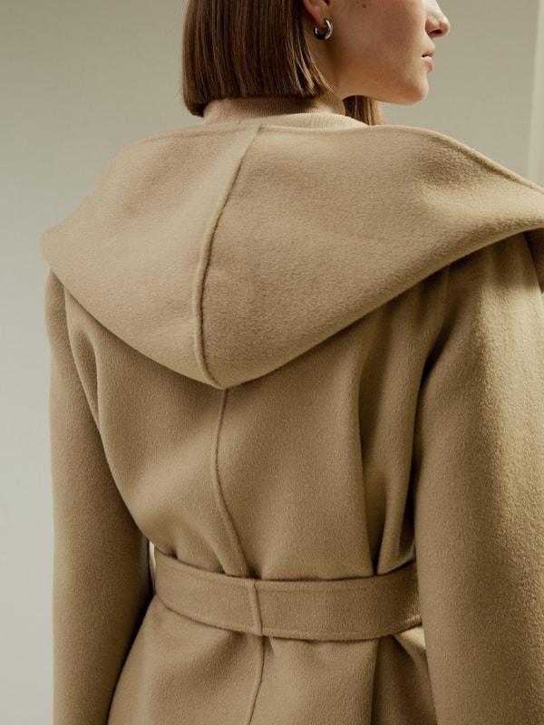 Cashmere-Wool-Blend Belted Short Hooded Coat Product Image