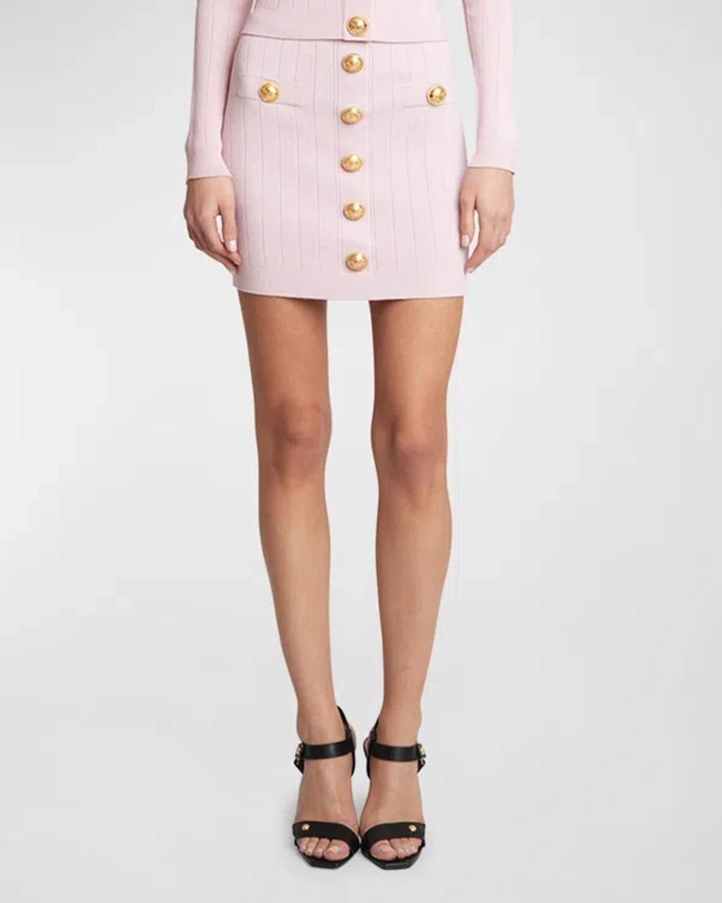 BALMAIN Button-embellished Ribbed-knit Mini Skirt In Rosa Product Image