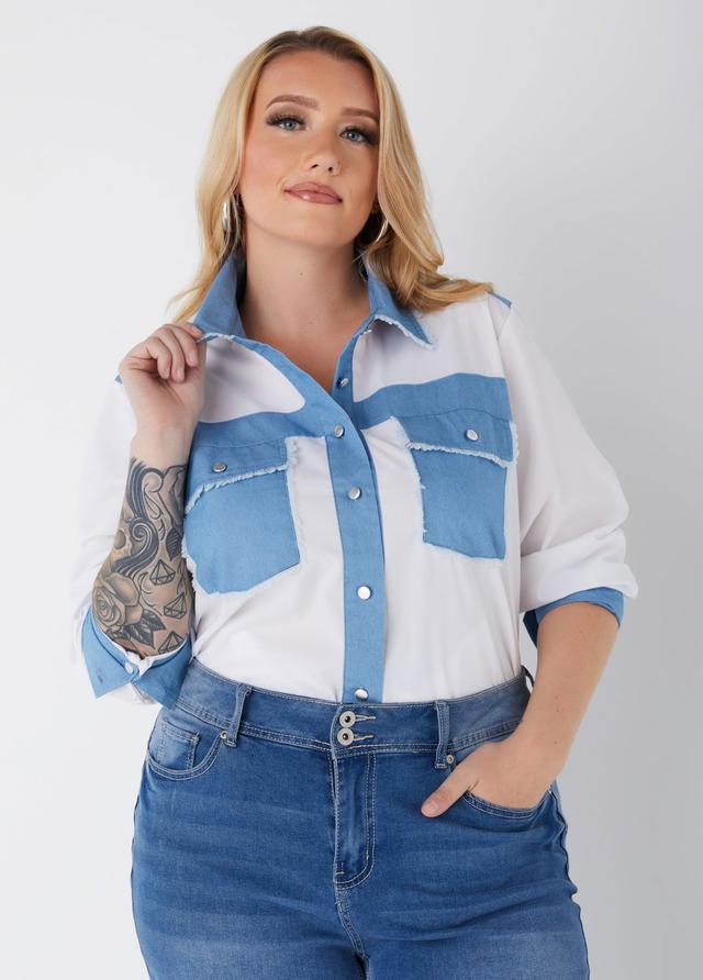 Plus Size Denim Paneled Poplin Shirt Ashley Stewart Product Image