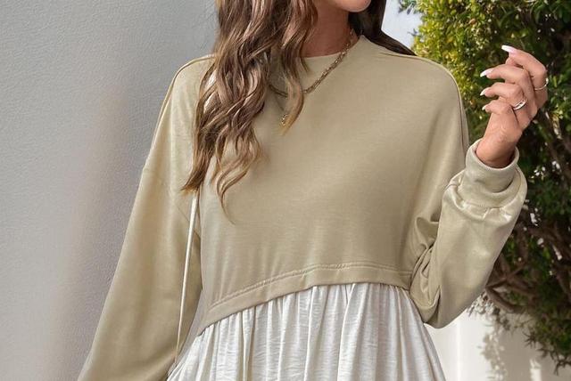 Long Sleeve Crew Neck Mock Two Piece Ruffle Hem Mini A-Line Dress Product Image