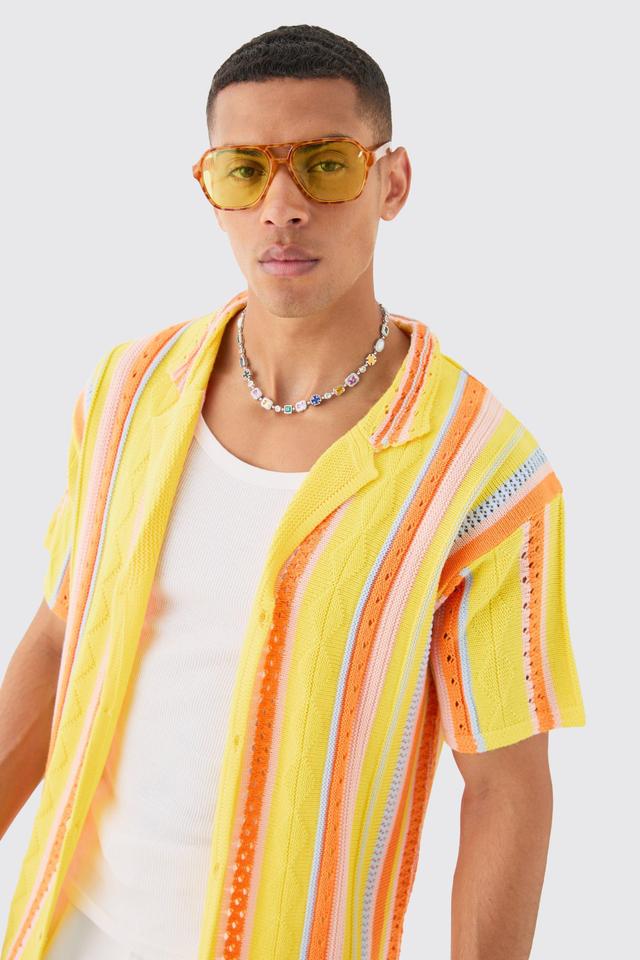 Oversized Boxy Open Stitch 3D Knit Shirt In Yellow | boohooMAN USA Product Image