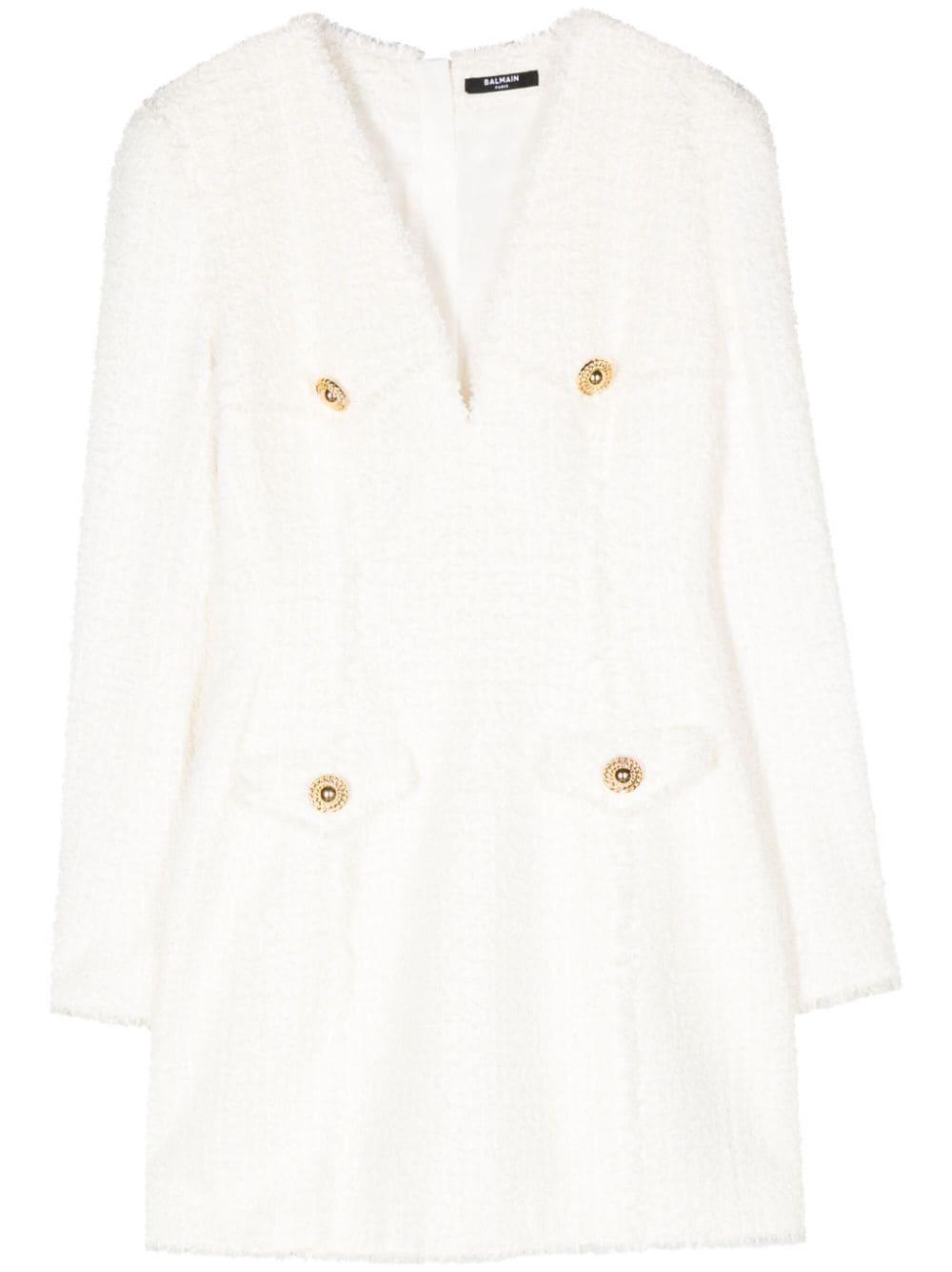 Button-embellished Tweed Minidress In White Product Image