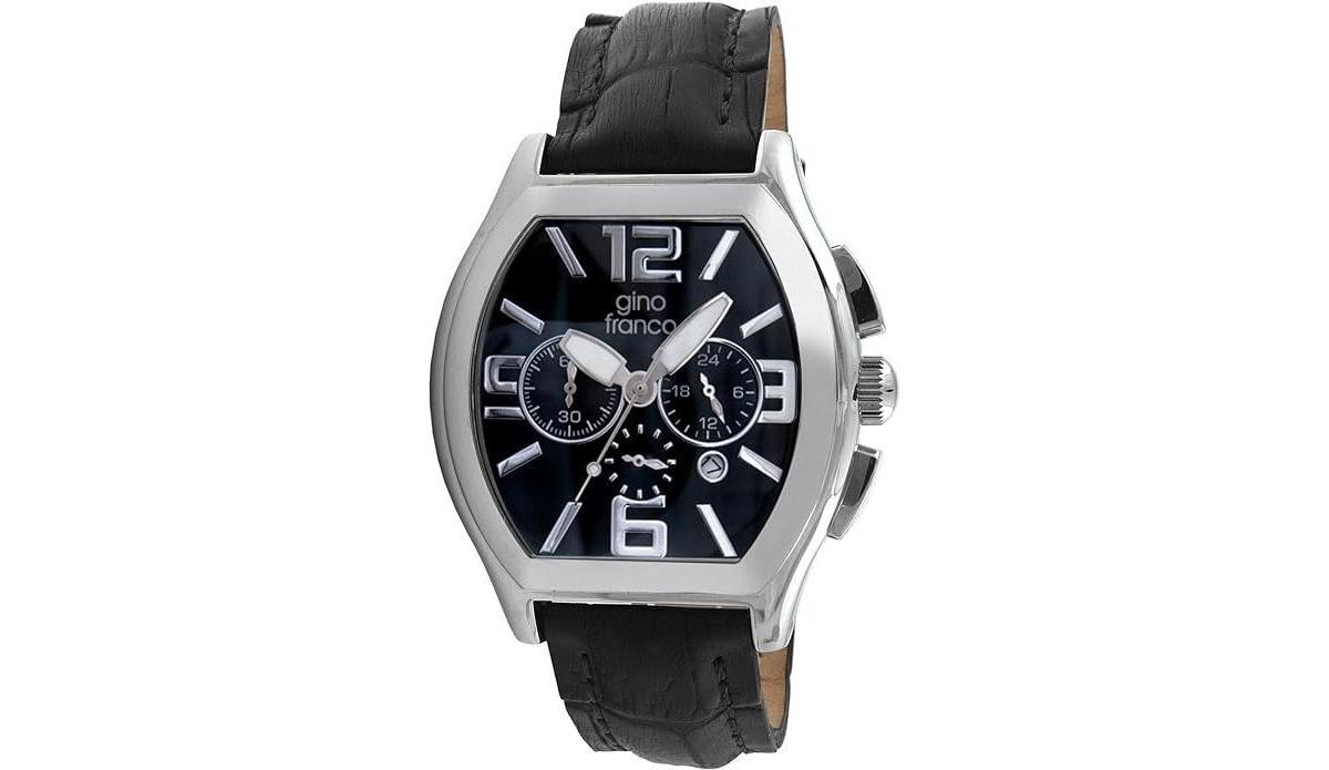 Gino Franco Mens Barrel Shaped Chronograph Watch with Stainless Steel Case and Genuine Leather Strap Product Image