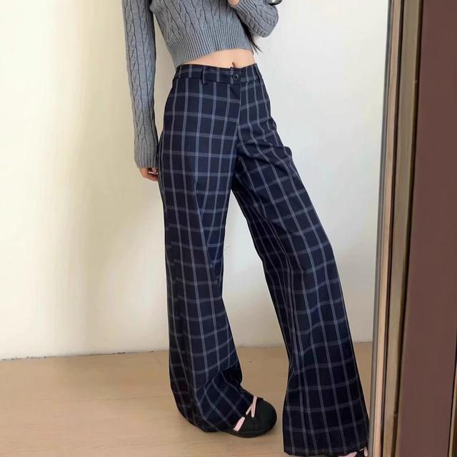 High Rise Plaid Wide Leg Pants Product Image