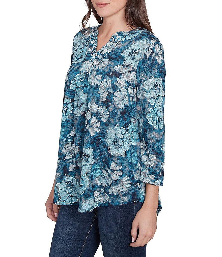 Ruby Rd. Knit Embellished Bib Wintery Blues Floral Banded Collar 3/4 Sleeve Top Product Image