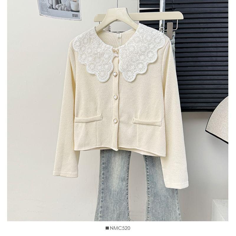 Lace-Collar Crew-Neck Cardigan in 5 Colors Product Image