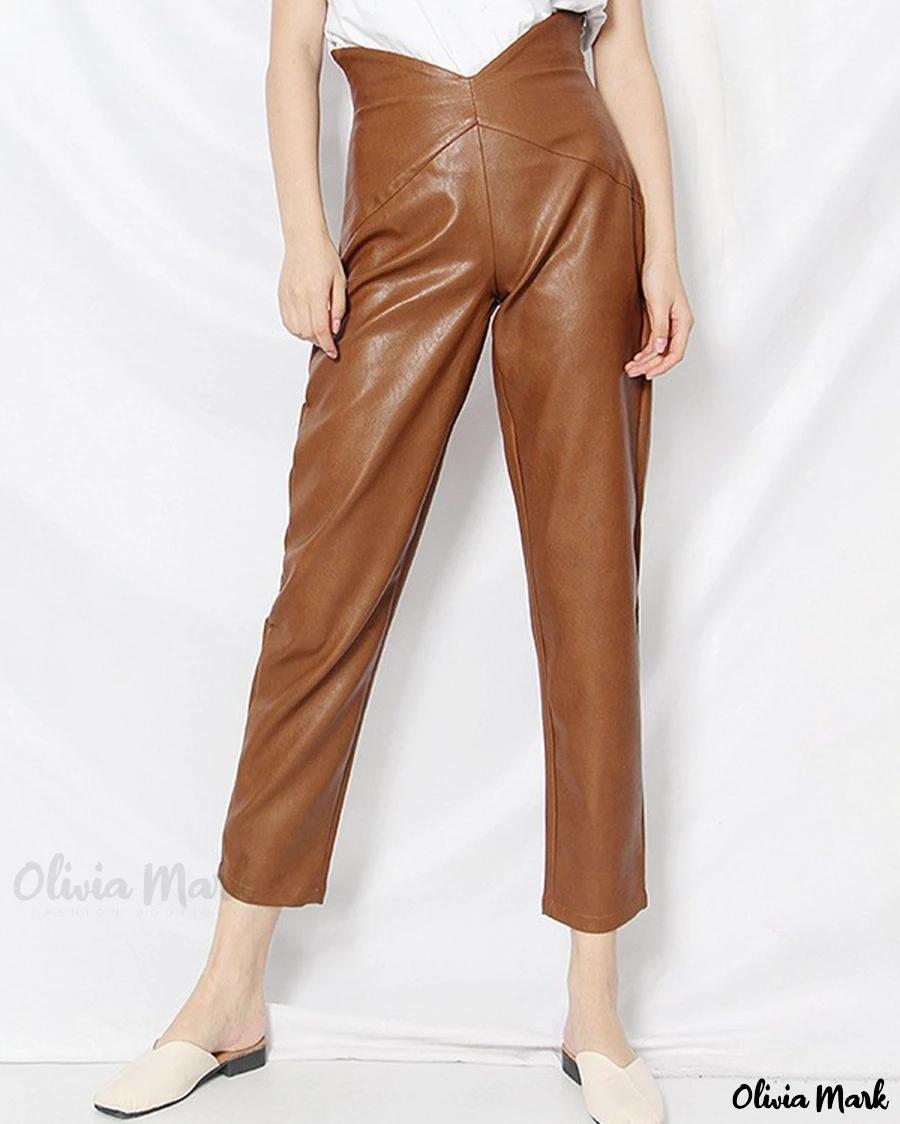 Olivia Mark – Stylish Retro Leather Pants: High-Waisted Straight-Legged Casual Pants with Vintage Wash Product Image