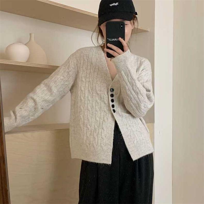 V-Neck Plain Cable Knit Button-Up Slit Cardigan Product Image