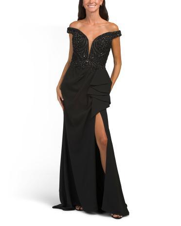 Off The Shoulder Embellished Gown With Drape Front for Women | Polyester Product Image