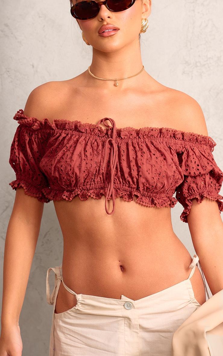 Chocolate Broderie Anglaise Bardot Puff Sleeve Crop Top Product Image