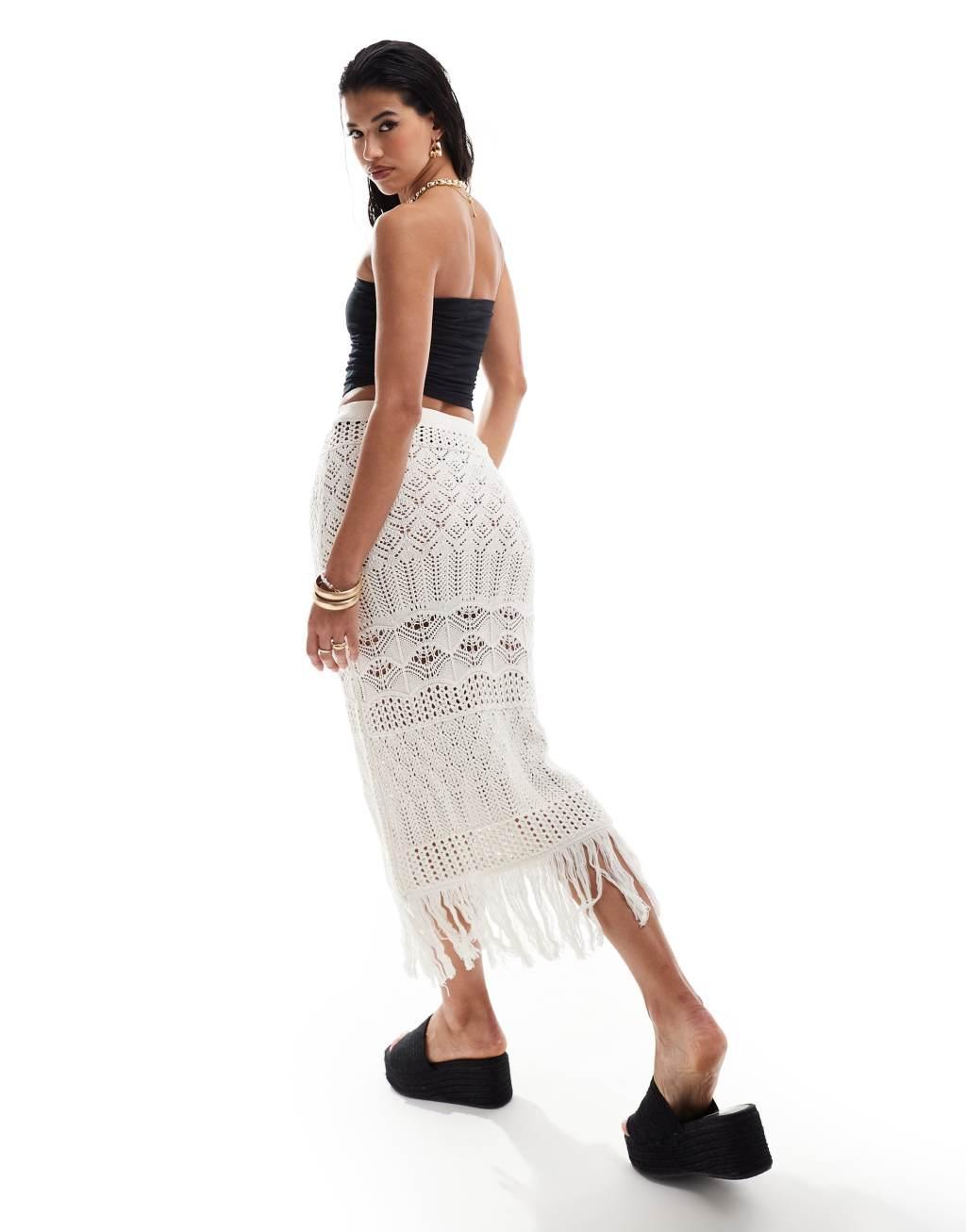 Miss Selfridge beach crochet fringe detail maxi skirt in cream Product Image