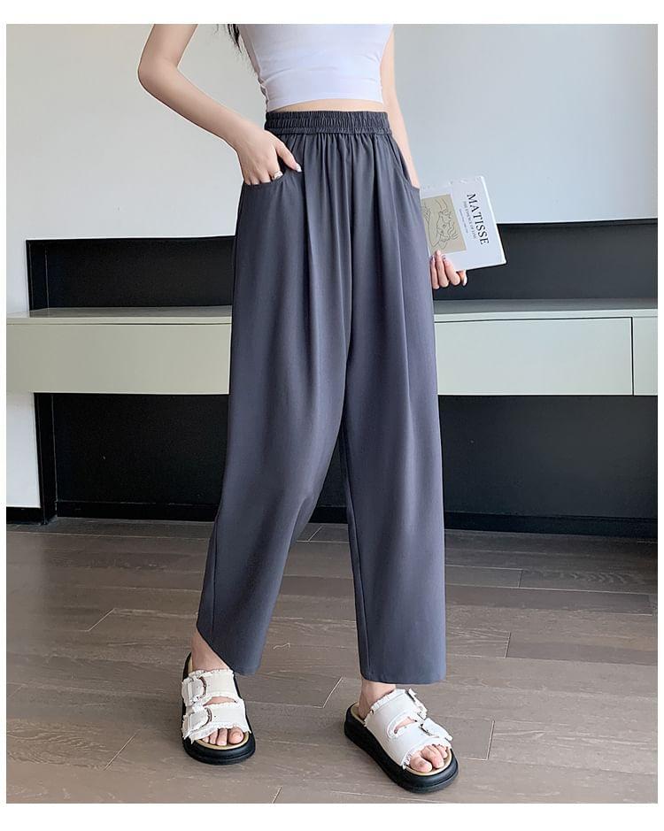 Elastic Waist Plain Cropped Straight Leg Pants Product Image