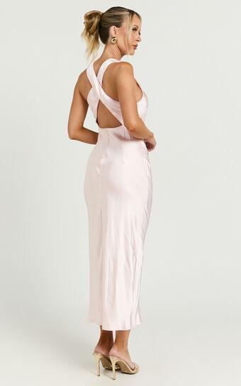 Aluna Midi Dress - High Neck Cross Back Satin Slip Dress in Soft Pink Product Image