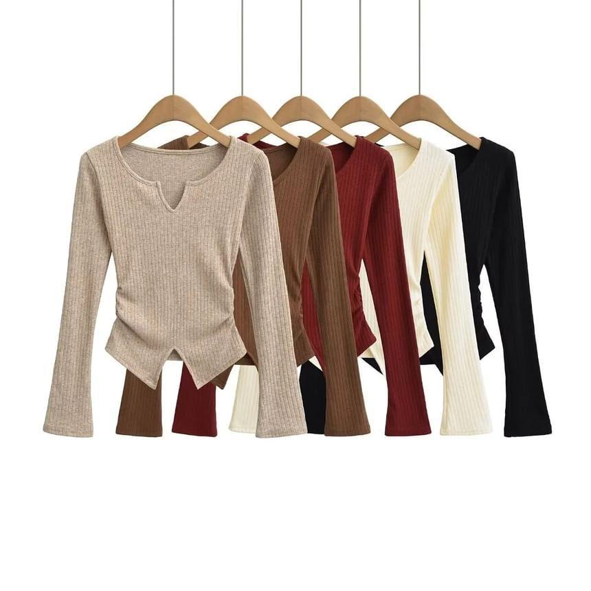 Long-Sleeve Notch Neck Ribbed Knit Top Product Image