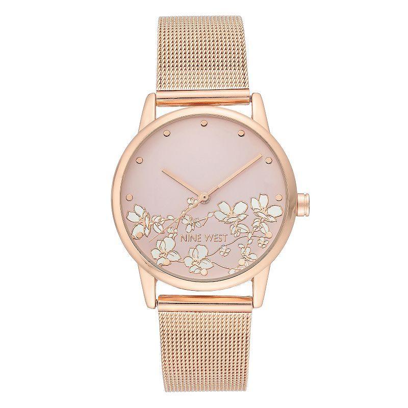 Nine West Womens Stainless Steel Mesh Bracelet Watch with Flower Dial Pink Product Image