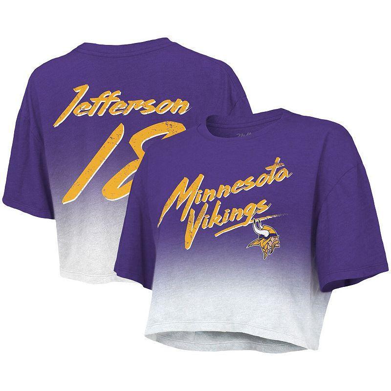 Womens Majestic Threads Justin Jefferson /White Minnesota Vikings Drip-Dye Player Name & Number Tri-Blend Crop T-Shirt Product Image