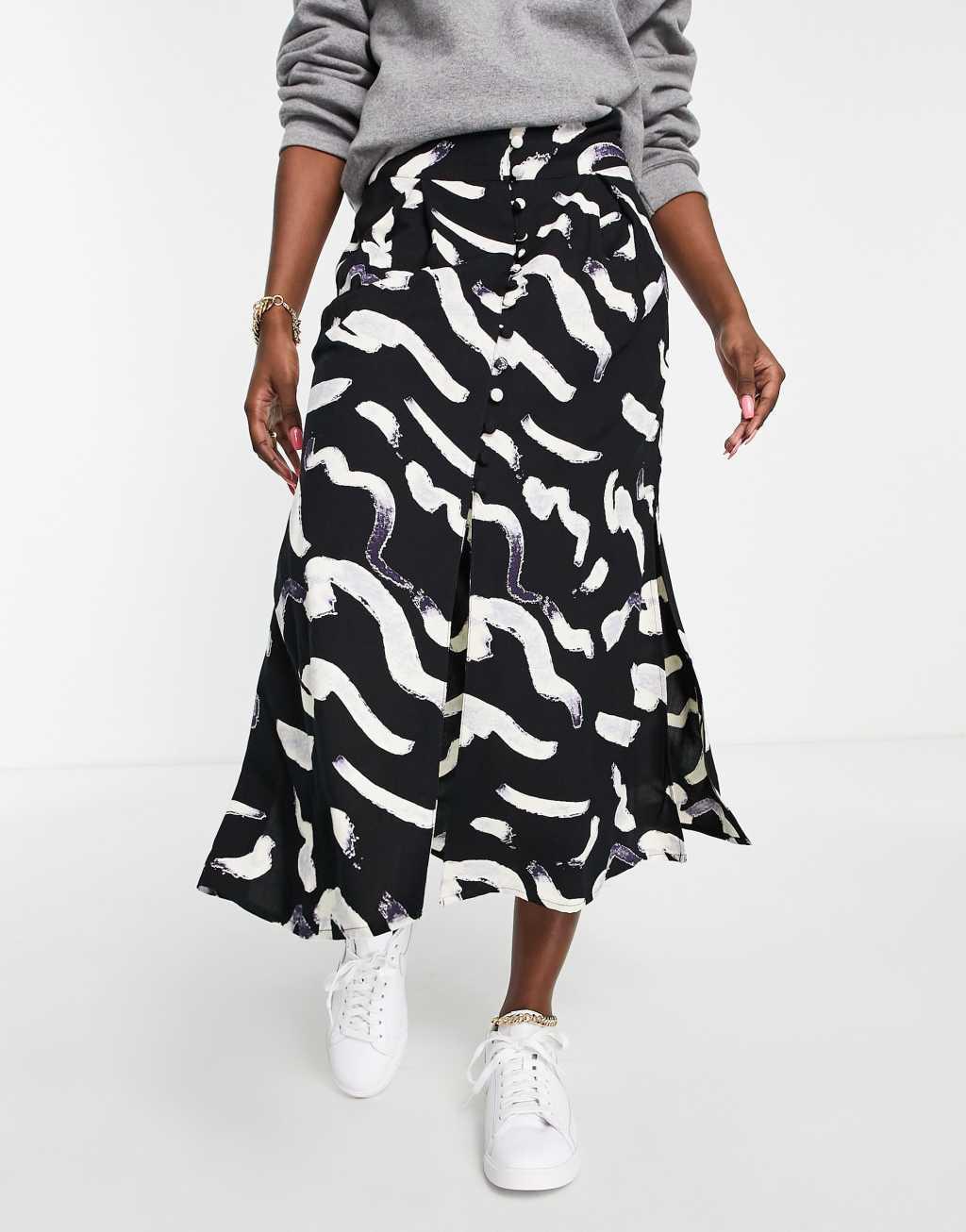 ASOS DESIGN button through midi skirt in mono smudge print Product Image