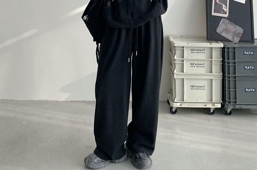 Plain Zip Hoodie / Drawstring Waist Wide Leg Sweatpants Product Image