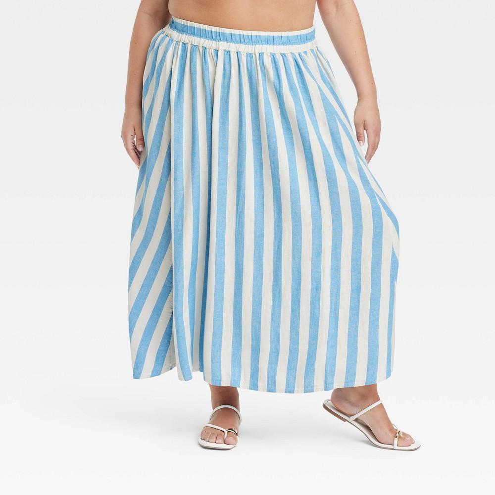 Womens Beach Bungalow Linen Midi Picnic Skirt - A New Day Blue/White Striped 4X Product Image