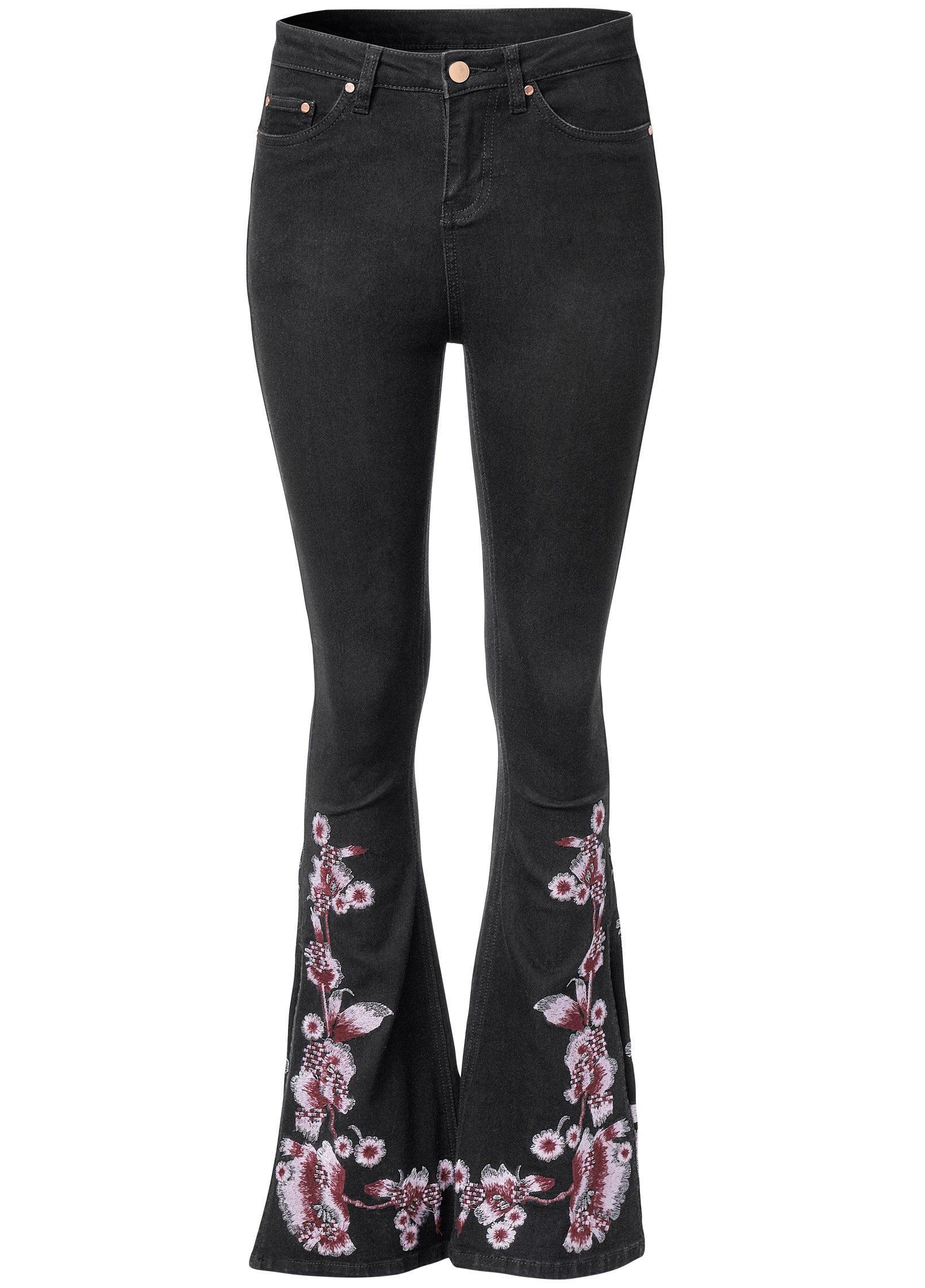 Slit Flare Floral Jeans  - Black Denim Product Image