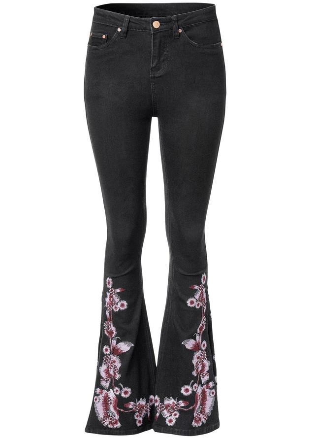 Slit Flare Floral Jeans  - Black Denim Product Image