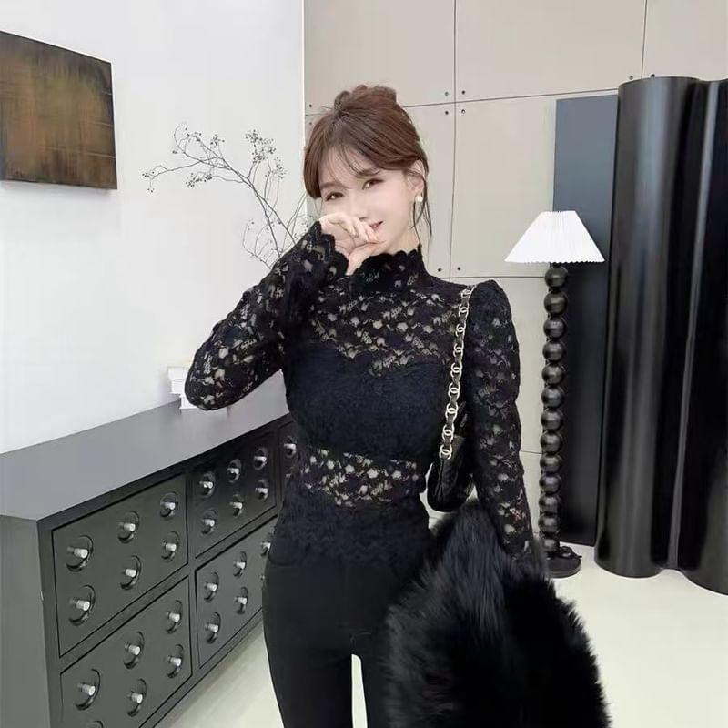 Long-Sleeve Mock Neck Padded Lace Crop Top Product Image