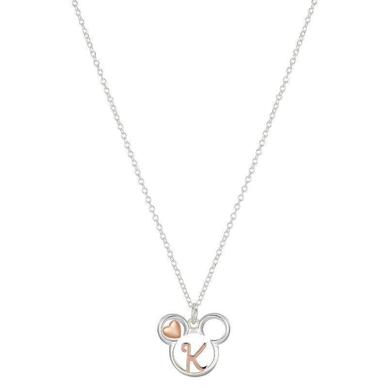 Disneys Mickey Mouse Two Tone 14k Rose Gold & Fine Silver Plated Mickey Letter Initial Heart Pendant Necklace, Womens Pink Product Image