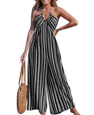 Women's Black-and-White Halterneck Straight Leg Jumpsuit Product Image